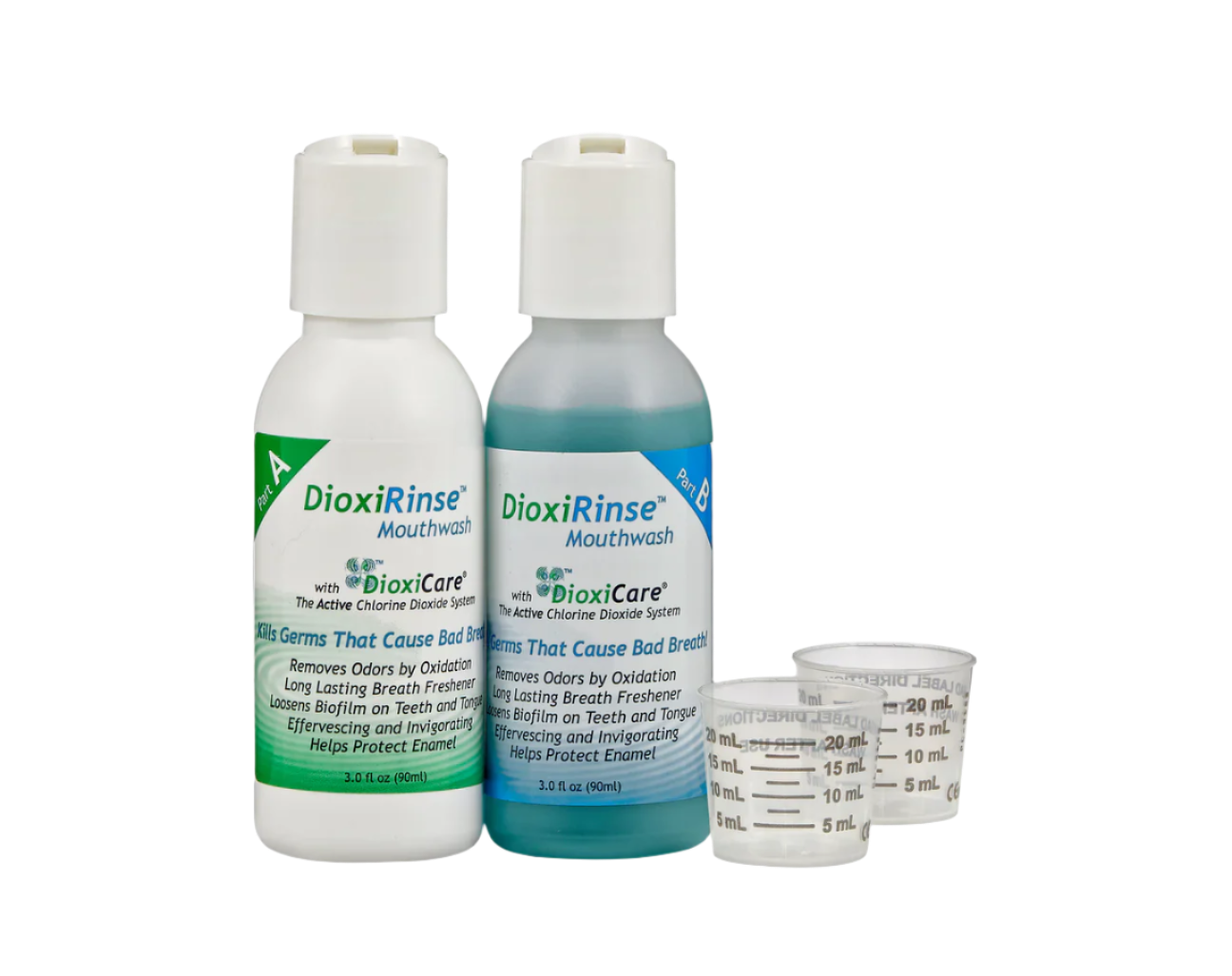 Two bottles of DoxiRinse mouthwash with a measuring cup on a white background