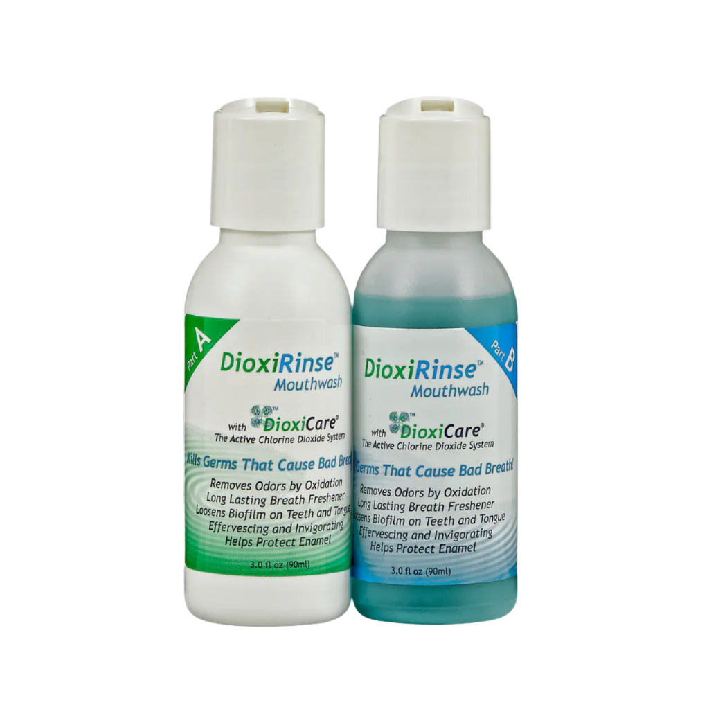 Two bottles of DoxiRinse mouthwash on a white background