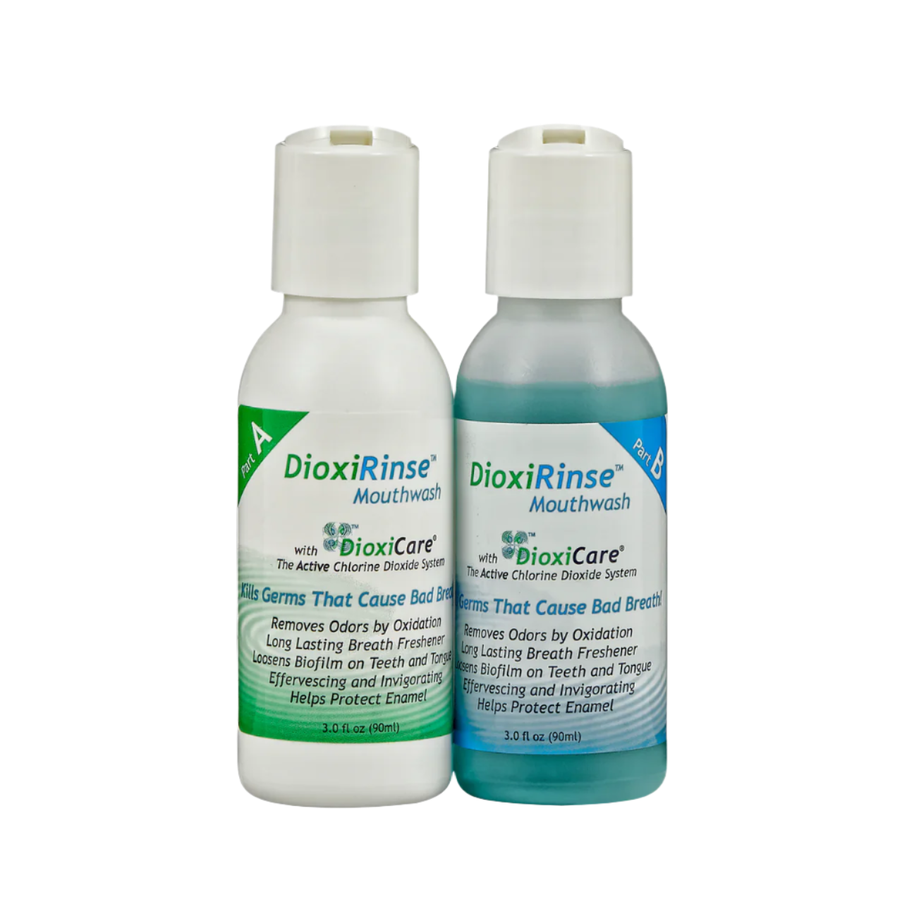 Two bottles of DoxiRinse mouthwash on a white background