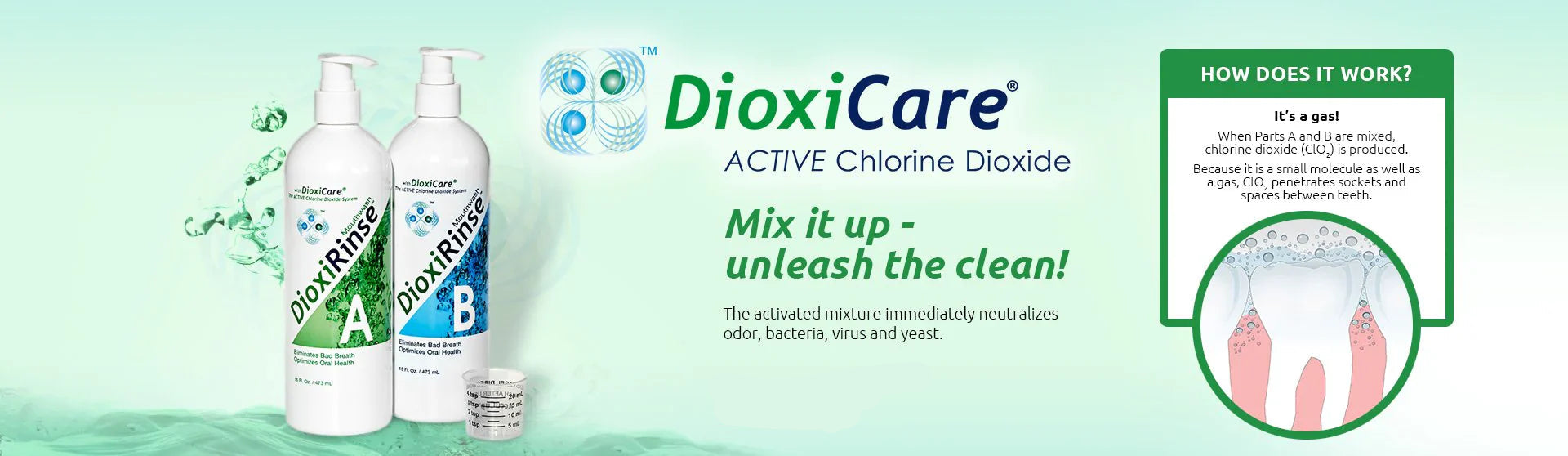 DioxiCare Active Chlorine Dioxide bottles with promotional text on a green background